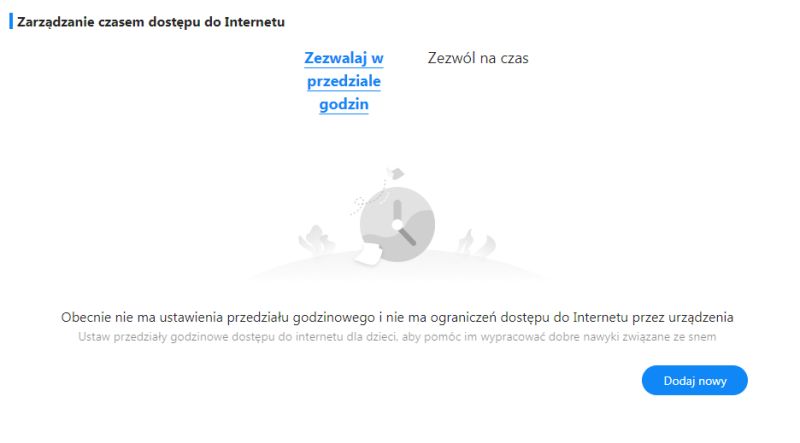 Ekran ustawień zarządzania czasem dostępu do Internetu bez aktywnych ograniczeń