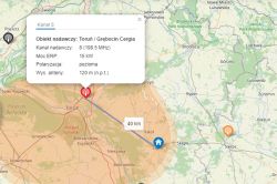Mapa zasięgu nadawania sygnału telewizyjnego dla kanału 8 z Torunia.