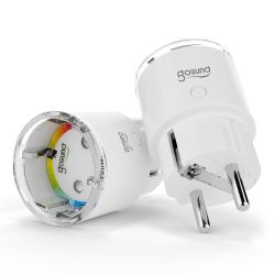 Two white Gosund smart plugs with EU pins; one shows the front with power button