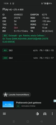 Zrzut ekranu aplikacji mobilnej pokazujący szczegóły połączenia Play 4G LTE-A 800 w miejscowości Ociesęki.