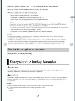 Strona z instrukcji obsługi radia Pioneer DEH-S520BT, zawierająca instrukcje dotyczące połączenia z urządzeniem mobilnym oraz używania funkcji karaoke.