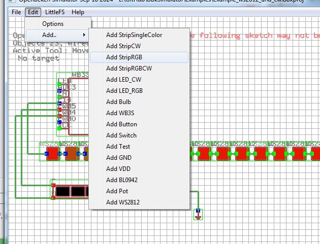Screenshot of OpenDeck Simulator software showing a menu for adding electronic components.