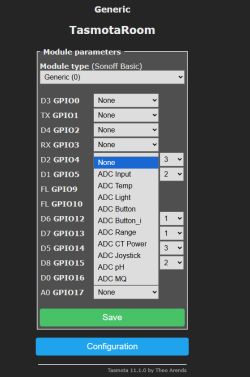 GPIO configuration dropdown in Tasmota showing ADC options for GPIO5