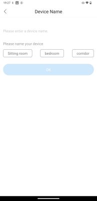 Screenshot of an app with the option to select a device name, featuring Sitting room, bedroom, and corridor buttons.