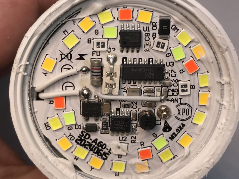 Interior of Bluetooth RGB/CCT LED Bulb Interior of a Bluetooth RGB/CCT LED bulb showing electronic circuitry.