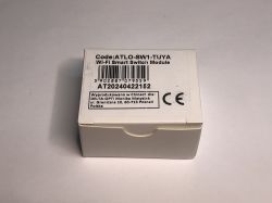 ATLO-SW1-TUYA Wi-Fi Module Packaging White box of the ATLO-SW1-TUYA module with identification label, barcode, and importer’s details.