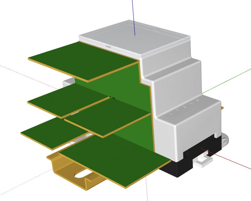 Kikimo FRNT1 Board Model in DIN Enclosure 3D model of Kikimo FRNT1 board in a DIN enclosure.