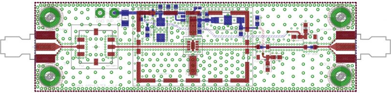 DAB Amplifier PCB with Mini-Circuits Components View of the printed circuit board of a DAB receiver amplifier with Mini-Circuits components.