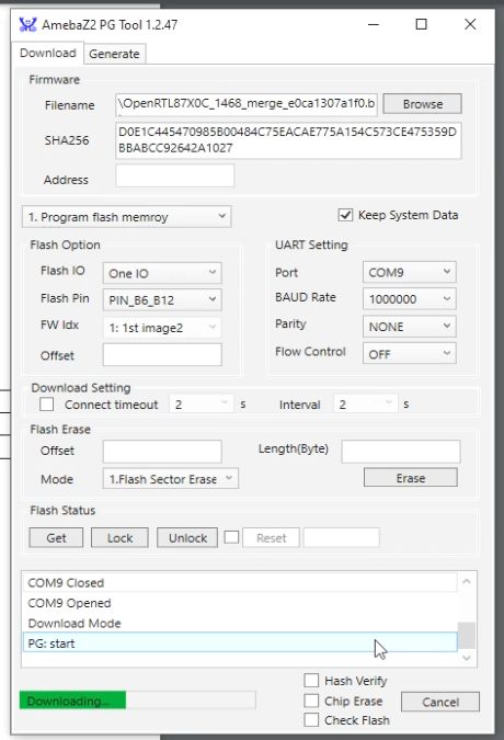 AmebaZ2 PG Tool 1.2.47 - Flashing Interface User interface of the AmebaZ2 PG Tool 1.2.47 during flashing.