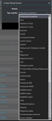 Virtual sensor creation interface with a dropdown list of types.