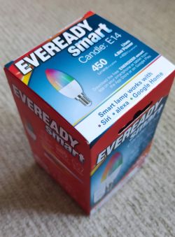 Packaging of Eveready Candle smart bulb with Siri, Alexa, and Google Home interfaces.