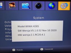 System settings screen showing WIWA H265 model and software/hardware versions