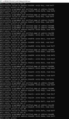 Console window with many verification error messages during flash programming by ch341.exe application.
