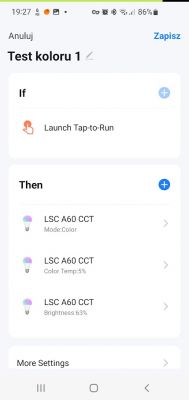 Screenshot of the Tuya automation app with scene settings for RGBW bulbs.