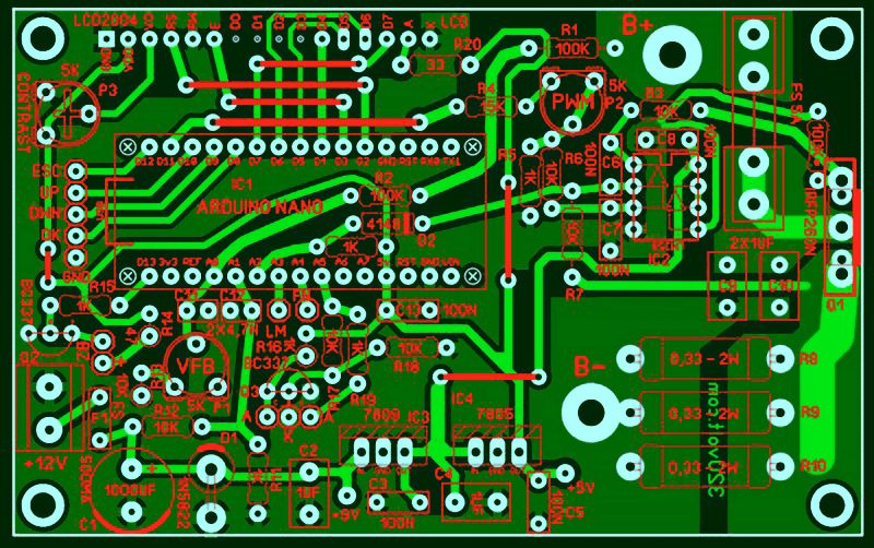 Widok projektu PCB z opisami elementów, gniazdem Arduino Nano i oznaczeniami B+ oraz B-