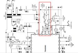 Fragment schematu zasilacza CRT z zaznaczonym blokiem „Frame Amplitude Adjust”.