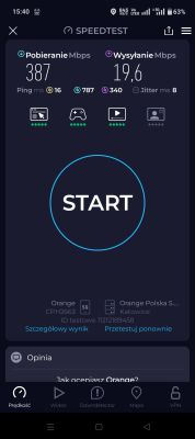 Zrzut ekranu z aplikacji Speedtest z wynikami pobierania i wysyłania w sieci Orange 5G