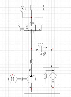 Schemat hydrauliczny z pompą, rozdzielaczem 4/3, siłownikiem dwustronnym i zaworem przelewowym