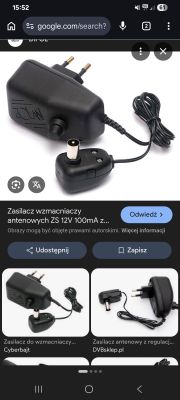 Zrzut ekranu z Google Grafika z zasilaczem wtyczkowym i przewodem do wzmacniacza antenowego