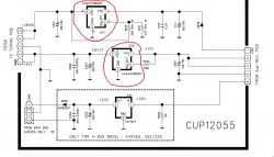Schemat połączeń płytki CUP12055 z zaznaczonymi elementami IC21 i IC23.