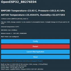 Screenshot of the OpenESP32 web interface displaying temperature, pressure, and system status information.
