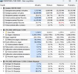 Zrzut ekranu z programu HWiNFO64 pokazujący statystyki systemowe AMD Ryzen 7 2700.