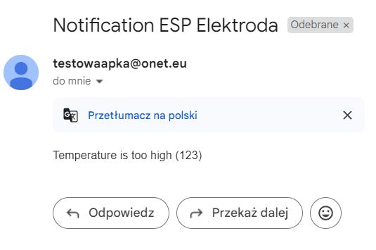 Email Notification Notification ESP Elektroda Email notification with the subject Notification ESP Elektroda and a message about high temperature.