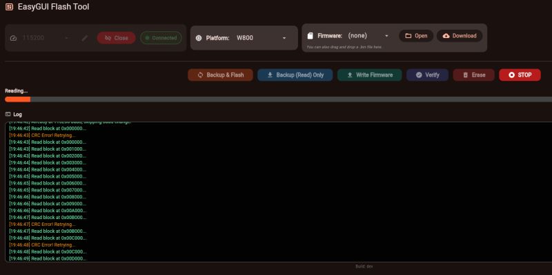 EasyGUI Flash Tool screenshot: W800 selected, “Reading…” progress bar and log with CRC errors during read