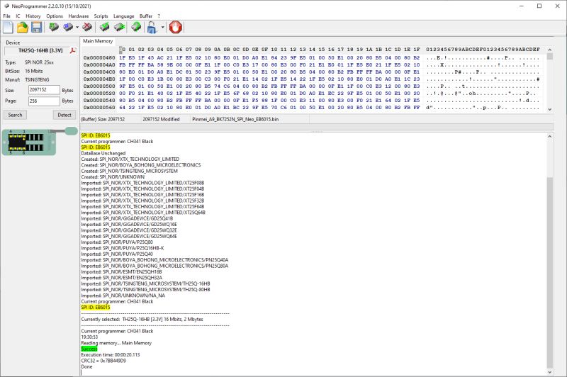 Screenshot of NeoProgrammer software showing SPI NOR flash memory TH25Q-16HB being read using a CH341 Black programmer.
