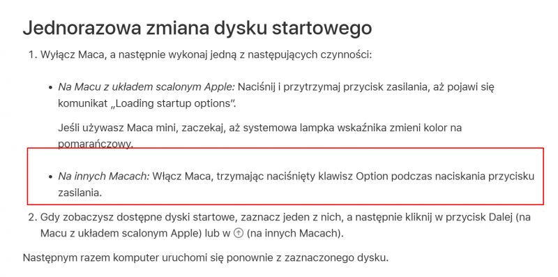 Instructions for a one-time change of the startup disk on a Mac with detailed steps for different models.