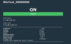 Control panel WinTest_00000000 with speed selection (Low, Mid, High), mode options (Open, Stop, Close), Toggle 0 button, and device electrical data.