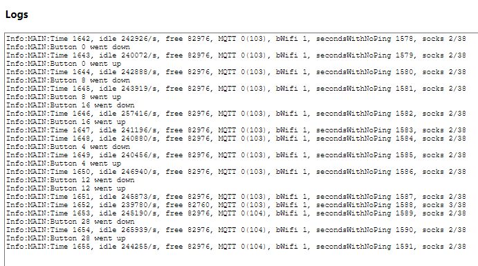Fragment logu z informacjami dotyczącymi komunikacji i statusu przycisków.