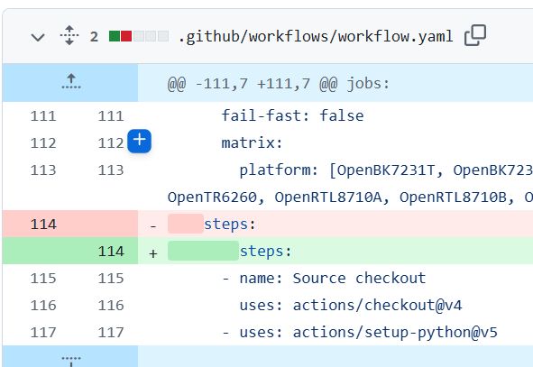 A fragment of a YAML file showing a change in the steps section in a GitHub repository.