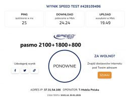 Zrzut ekranu wyniku speed testu z wynikami pobierania 24.24 Mb/s, wysyłania 19.49 Mb/s i pingu 25 ms.