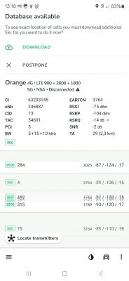 Zrzut ekranu z aplikacji pokazujący szczegóły połączenia komórkowego sieci Orange 4G LTE z parametrami sygnału.