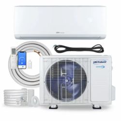 Split air conditioner set with indoor and outdoor unit, cables, and remote control.