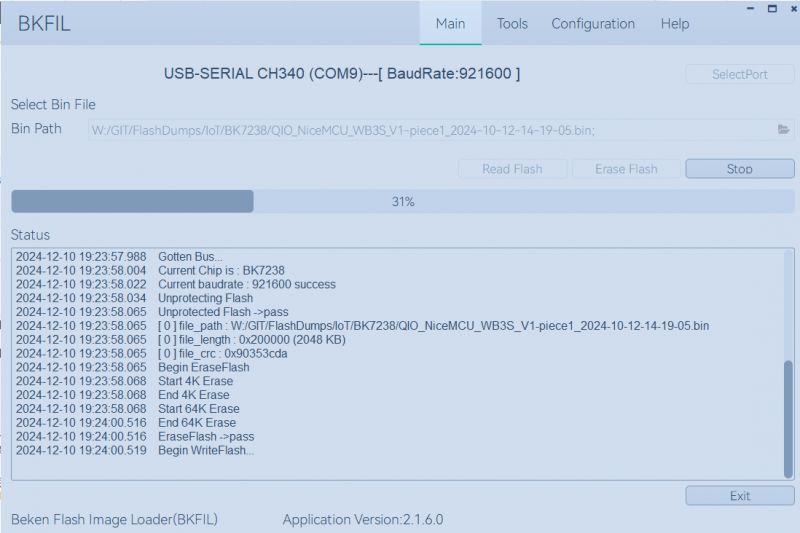 Screenshot of the Beken Flash Image Loader (BKFIL) interface displaying flash memory erase progress.