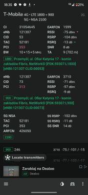 Screenshot of a mobile network signal analysis app.