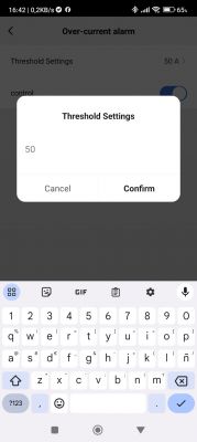 Over-current Alarm Threshold Settings Menu Over-current alarm threshold settings menu with on-screen keyboard.