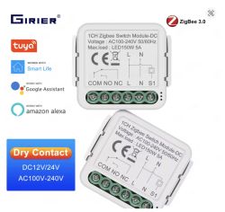 Two Girier Zigbee switch modules with COM/NO/NC and L/N terminals, plus Tuya and ZigBee 3.0 logos