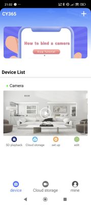 CY365 app screen showing active camera preview and feature menu.
