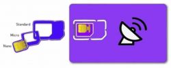 Illustration of three SIM card sizes and a satellite antenna icon on a purple background.