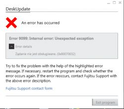 Zrzut ekranu z komunikatem błędu programu DeskUpdate.