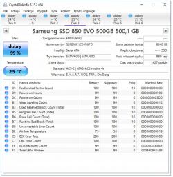 Zrzut ekranu z programu CrystalDiskInfo pokazujący szczegóły dysku Samsung SSD 850 EVO 500GB.