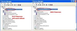 Dwa zrzuty ekranu z Menedżera urządzeń pokazujące różne sterowniki USB Com Board Driver i USB Com Board Evolution Driver.