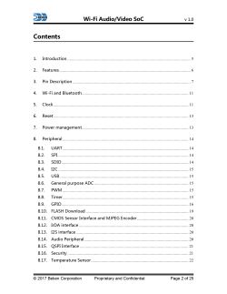 BK7252 SoC Documentation Table of Contents Table of contents page from the BK7252 Wi-Fi Audio/Video SoC documentation (v1.0), by Beken Corporation.