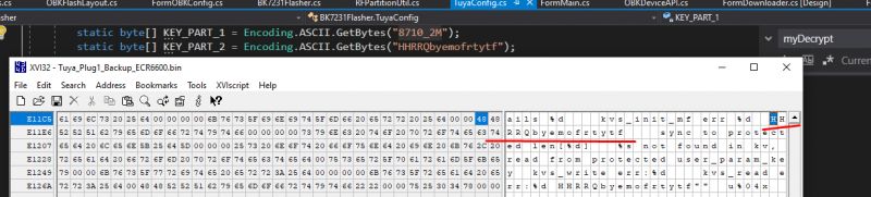 Screenshot showing a hex editor and a fragment of code in the background.