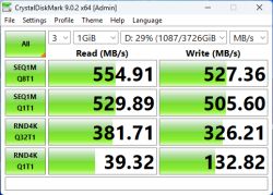 Zrzut ekranu CrystalDiskMark z wynikami odczytu 554,91 MB/s i zapisu 527,36 MB/s dla dysku D: