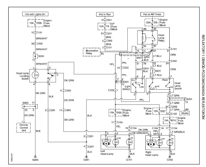 Schemat połączeń elektrycznych reflektorów.