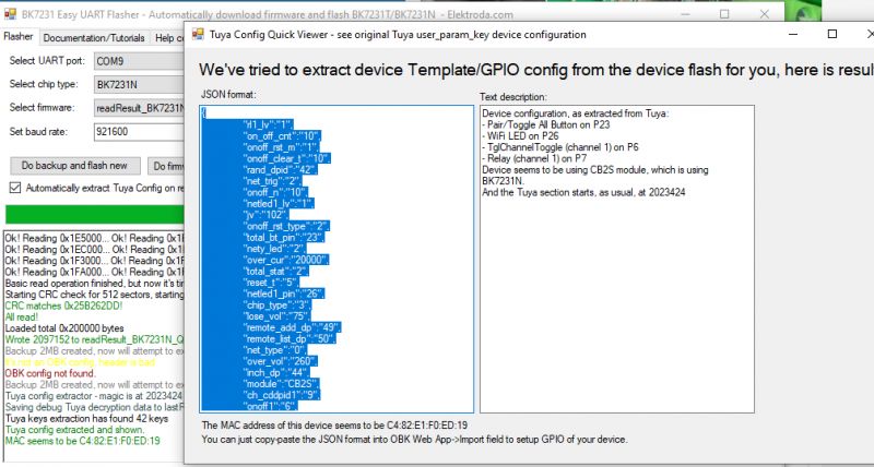 Zrzut ekranu narzędzia BK7231 Easy UART Flasher z wyodrębnioną konfiguracją urządzenia Tuya.